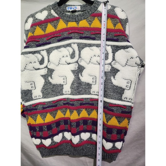 80's ROSE Acrylic Dancing Elephants & Hearts Chunky Knit Acrylic Sweater Medium - Picture 8 of 8